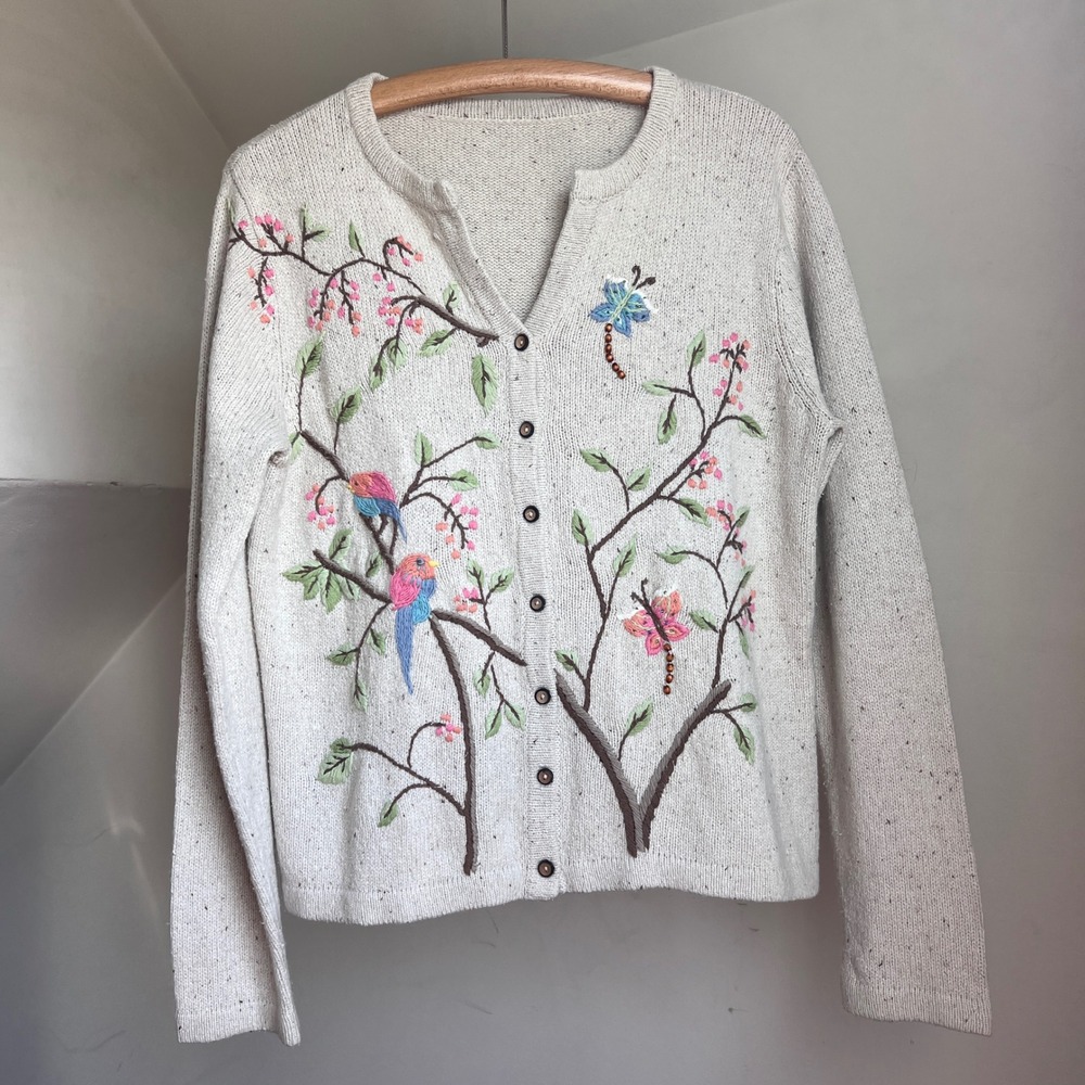 Vintage Embroidered Bird Butterfly Cardigan Beaded Oatmeal Knit Cottagecore Boho - Picture 1 of 8